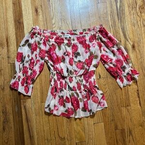 L'AGENCE Floral Off-Shoulder Blouse - Pink and Cream